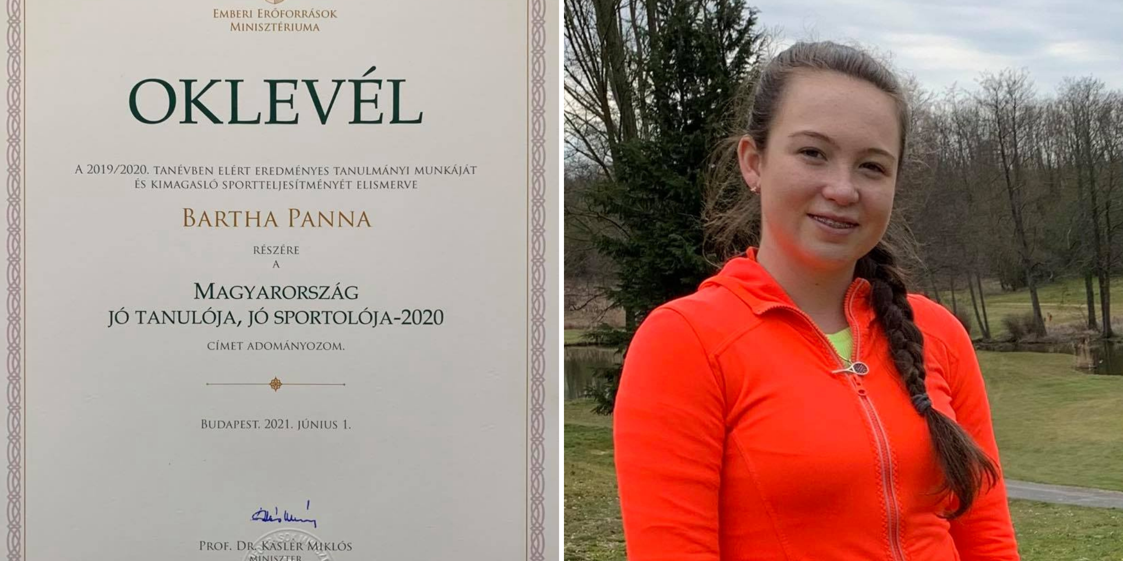 Bartha Panna idén is elnyerte a „Magyarország jó tanulója, jó sportolója - 2020” címet